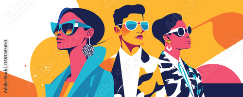 Stylish trio in vibrant sunglasses against colorful geometric background.