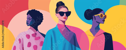Three stylish women in modern art portrait with vibrant colors and sunglasses.