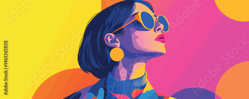 Stylish modern art portrait of young woman in sunglasses with vibrant colors and geometric patterns.