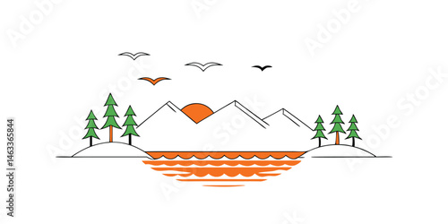 A peaceful summer lake nestled between green mountain ranges, with clear skies, forest edges, and birds soaring above