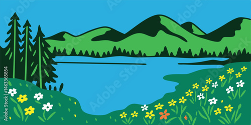 A scenic summer nature landscape poster featuring tranquil mountains reflected in a crystal-clear lake, with lush greenery, wildflowers, and a bright blue sky in the background.