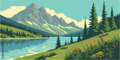 A scenic summer nature landscape poster featuring tranquil mountains reflected in a crystal-clear lake, with lush greenery, wildflowers, and a bright blue sky in the background.