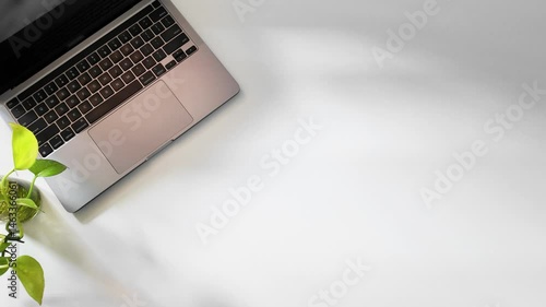 Top view of a laptop and a plant on the left side of a white table. Working in a office. Working remotely