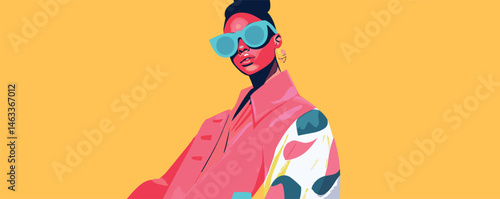 Vibrant portrait of a young woman in stylish sunglasses on a yellow background.