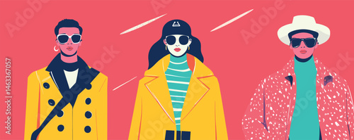 Fashionable trio in bold outerwear and sunglasses on vibrant pink background.