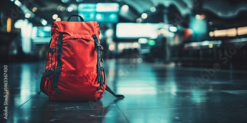 Red Backpack Left in a Busy Airport Terminal: Awaiting a Journey's Start