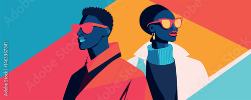 Stylish couple in vibrant sunglasses and fashionable outfits against colorful background.