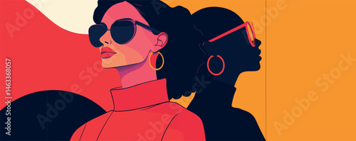 Stylish woman in sunglasses posing with shadow on colorful abstract background