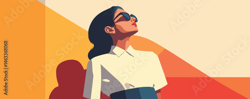 Confident woman in sunglasses enjoying sunlight with vibrant geometric background.