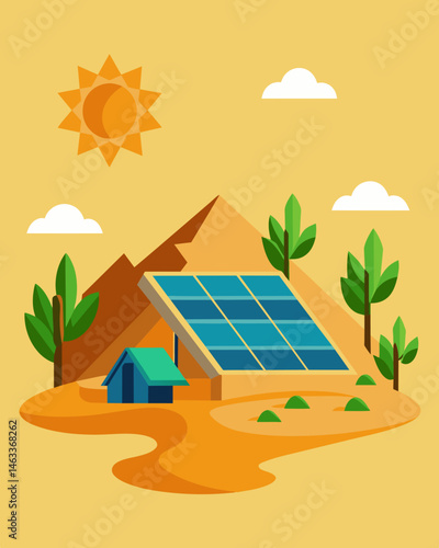 The desert was transformed into a green oasis thanks to the acres of solar panels that generated clean energy while also shading the sand.. Vector illustration