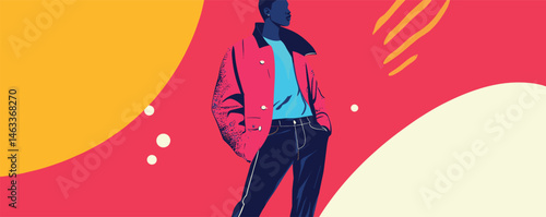 Stylish young man posing in colorful abstract art design with red jacket and blue background.