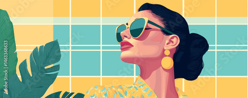 Stylish woman with sunglasses in colorful modern art style against patterned background.
