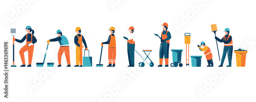 Team of diverse sanitation workers performing various cleaning tasks in uniforms.