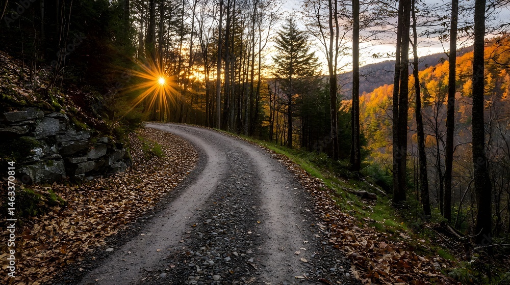 Fototapeta premium Serene Autumn Pathway with Sunburst in Lush Forest at Sunset