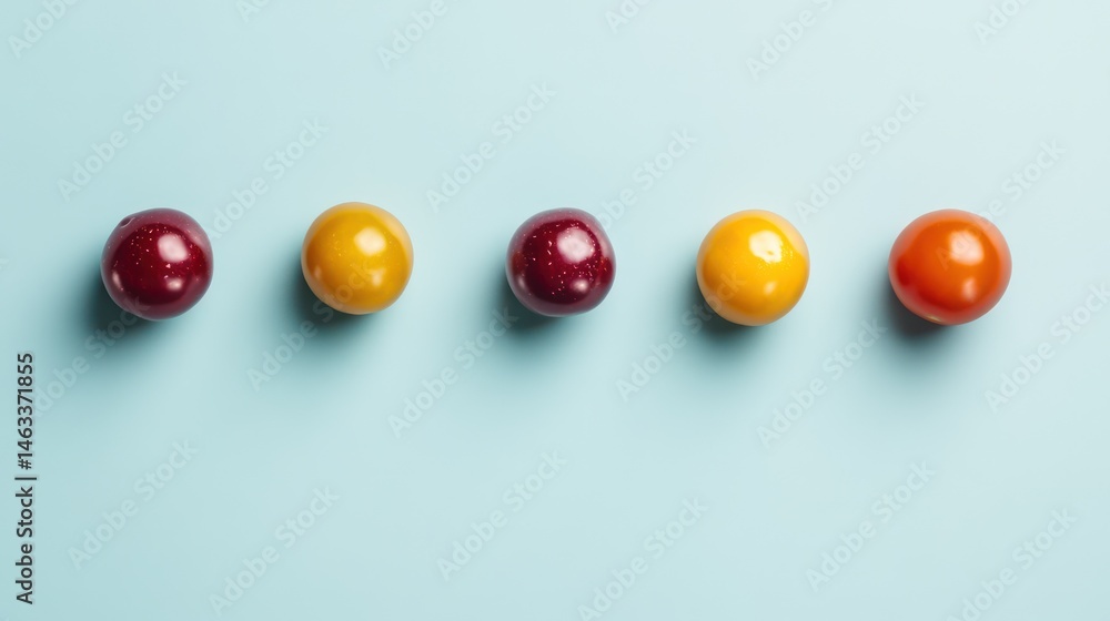 Colorful plums arranged in a row on a pastel background