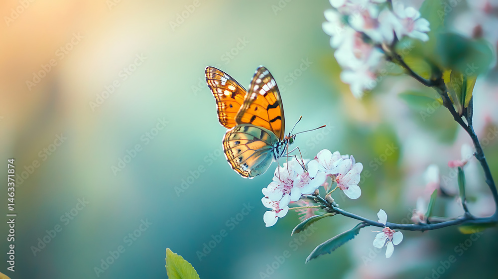 Obraz premium Orange Butterfly on Blossoming Spring Flower in Soft Pastel Blur Nature Background