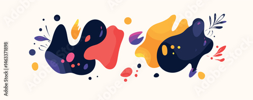 Abstract colorful organic shapes with vibrant patterns on light background.
