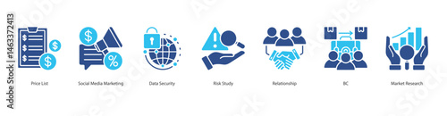 B2C Market Strategy web banner icon sheet price list, social media marketing, data security, risk study, relationship, b2c, market research