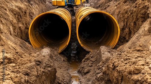 Wallpaper Mural Large yellow pipes installation in underground trench construction site Torontodigital.ca