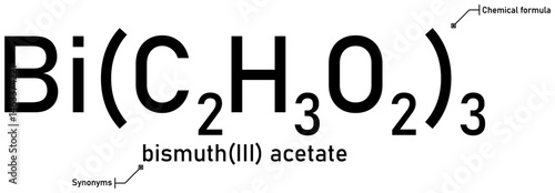 Bismuth(III) acetate chemical formula and synonyms with callout titles
