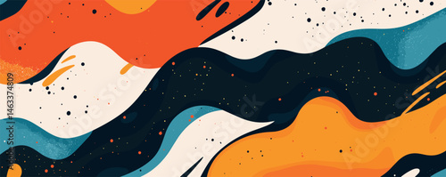 Colorful abstract waves and shapes with black, orange, and blue patterns and textures.