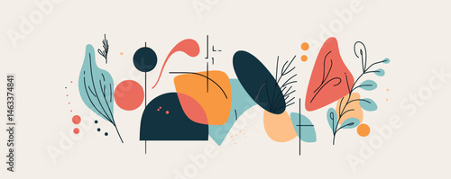 Colorful abstract artwork with geometric shapes and organic elements in a harmonious composition.