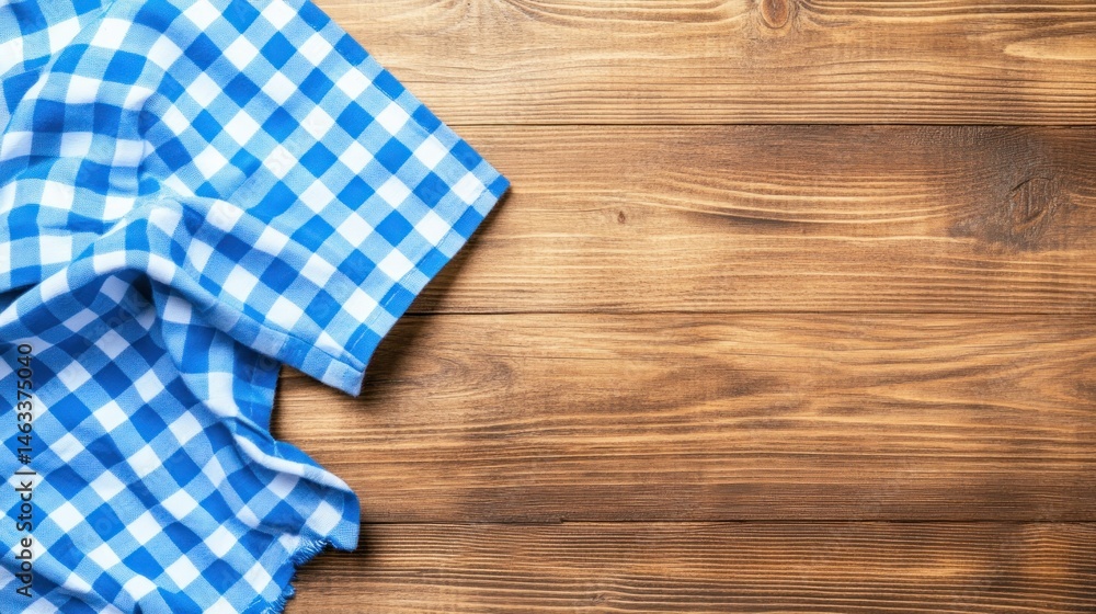 Blue checkered tablecloth on wooden surface rustic texture background Blue checkered tablecloth on wooden surface rustic texture background