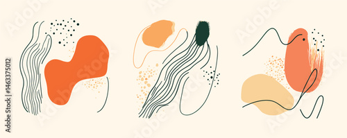 Abstract minimalist art trio with organic shapes and lines in earth tones.