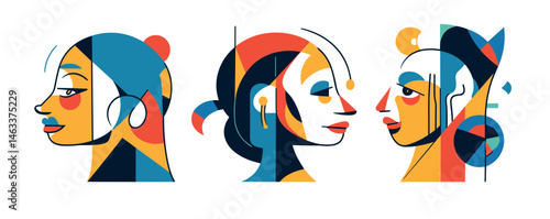 Colorful abstract portraits of three women in cubist style art with geometric designs.