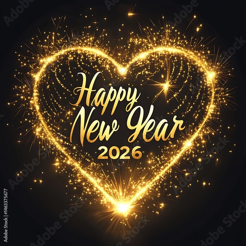 A heart-shaped fireworks display with golden text reading Happy New Year and the numbers 2026 in shimmering gold 