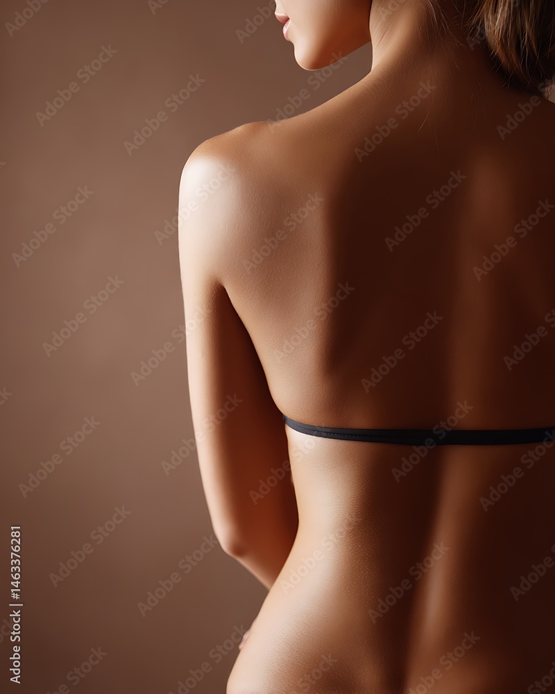 Naklejka premium Natural close-up of a woman’s lower back with soft lighting and shadow play, focusing on skin clarity and body care themes.