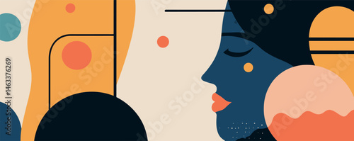 Abstract female silhouette with geometric shapes and bold color palette.