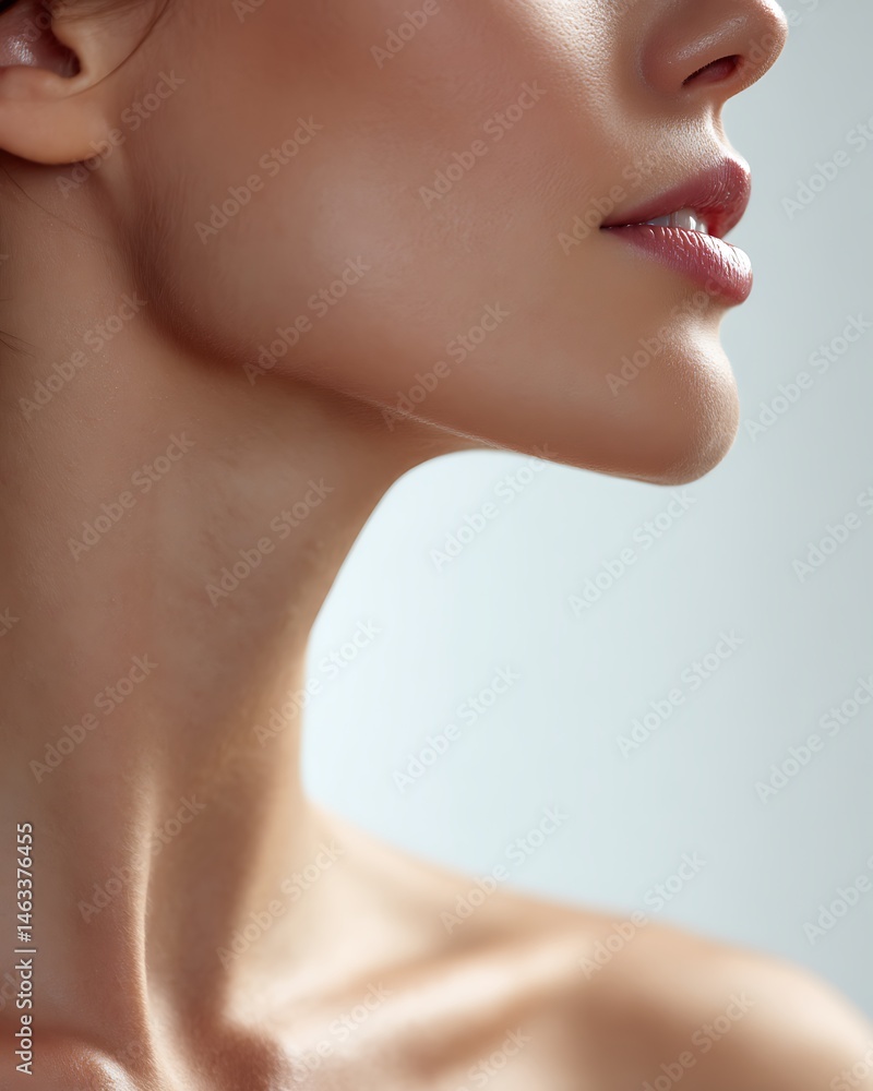 Side view of a woman’s neck with clean white lighting, emphasizing smooth texture and anatomical clarity for beauty and medical usage. Side view of a woman’s neck with clean white lighting, emphasizing smooth texture and anatomical clarity for beauty and medical usage.