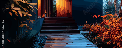 Cozy evening entrance of modern home with warm lights and wooden pathway surrounded by autumn foliage.