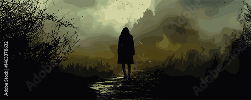 Mysterious silhouette of lone woman walking in foggy forest at nightfall.