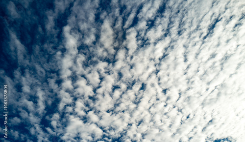 Sky with fluffy clouds. Bright blue sky background. Cloudscape with white clouds. Calm sky on a sunny day. Sunlight through the clouds. Spring sky with soft clouds.