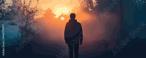 Silhouette of a man walking in nature at sunrise surrounded by trees and misty landscape.