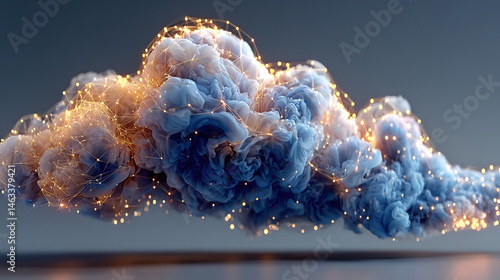 Abstract glowing cloud network on dark blue gradient, symbolizing futuristic connectivity and minimalist tech innovation