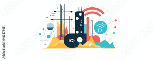 Abstract futuristic cityscape with colorful geometric shapes and wireless signals.