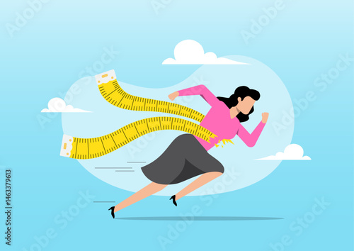 A woman in motion, running energetically while wrapped in a yellow measuring tape