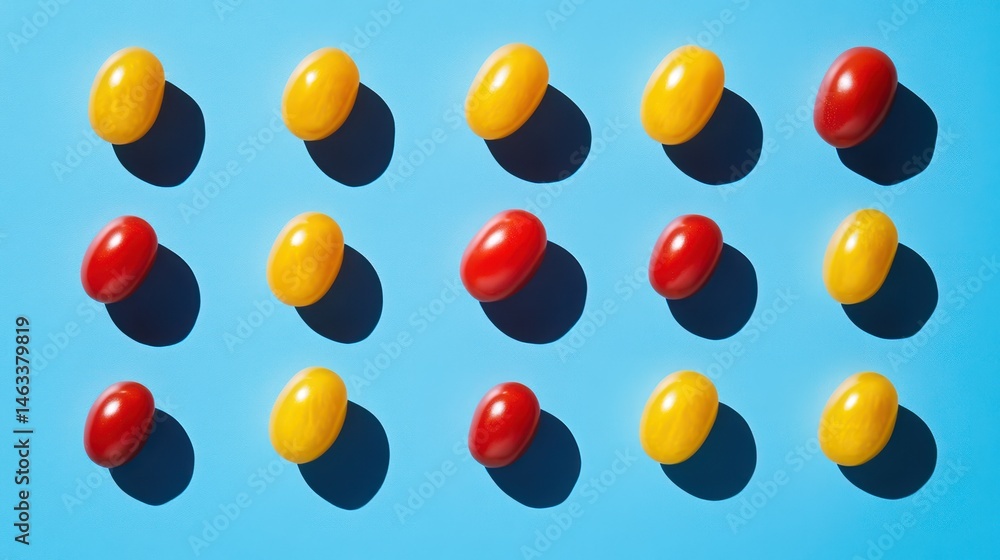 Colorful Cherry Tomatoes Pattern on Blue Background (1)