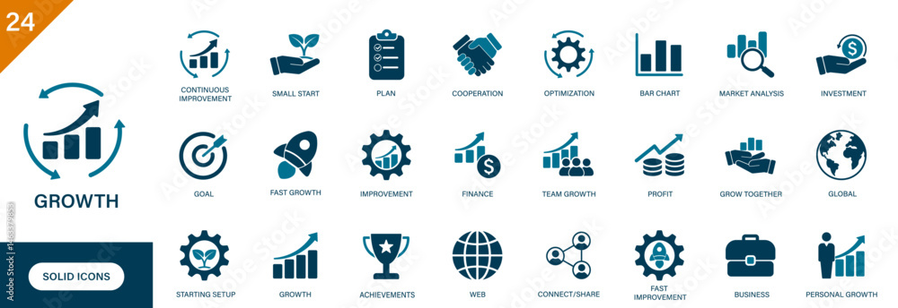 Fototapeta premium Growth icon. Containing financial business, bar chart, investment, profit, startup, continuous improvement. Solid vector icon set.