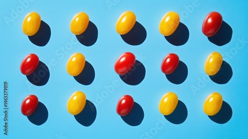 Obraz na płótnie Colorful Cherry Tomatoes Pattern on Blue Background (1) w salonie