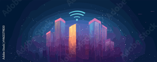 Neon cityscape with wi-fi symbol above skyscrapers at night under starry sky.