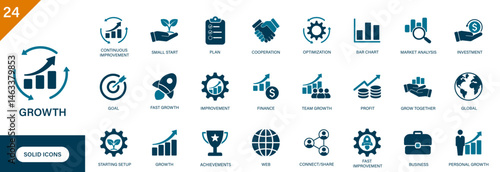 Growth icon. Containing financial business, bar chart, investment, profit, startup, continuous improvement. Solid vector icon set.
