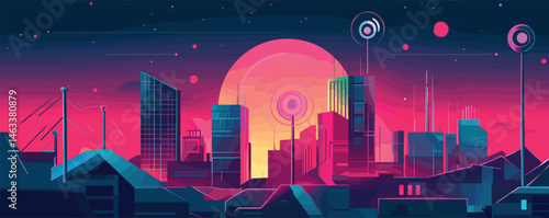 Futuristic neon cityscape at dusk with high-rise towers and bright pink sky.