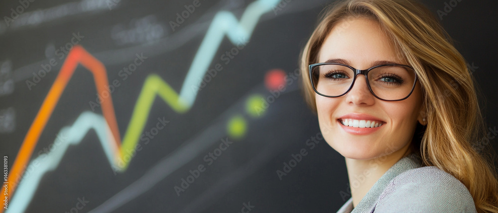 A smiling businesswoman in glasses stands confidently in front of a colorful graph, symbolizing success and growth in finance.