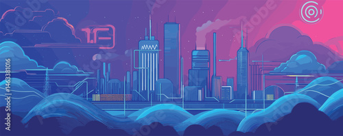 Futuristic neon cityscape at dusk with bright colors and geometric buildings.