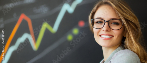 Obraz na płótnie A smiling businesswoman in glasses stands confidently in front of a colorful graph, symbolizing success and growth in finance. w salonie