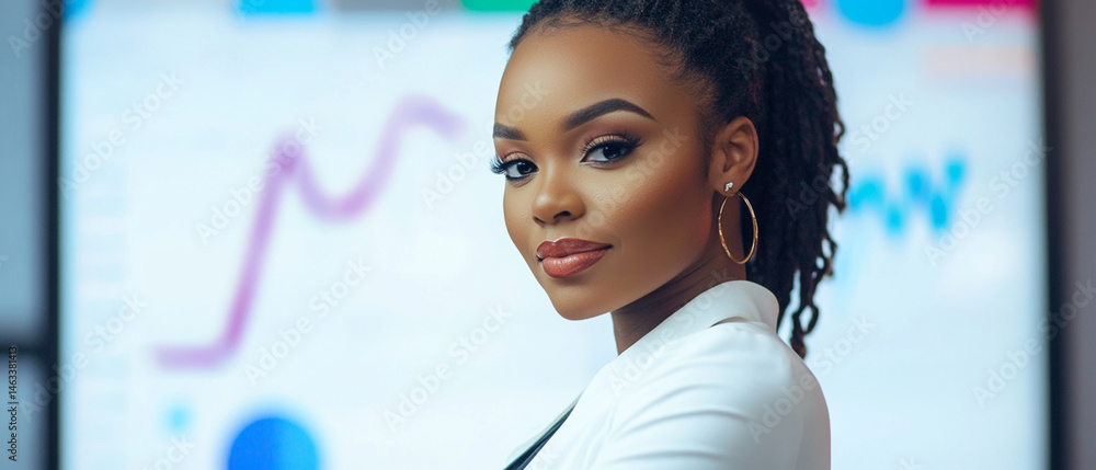 Confident businesswoman in a smart suit stands in front of financial charts, showcasing professionalism and ambition.